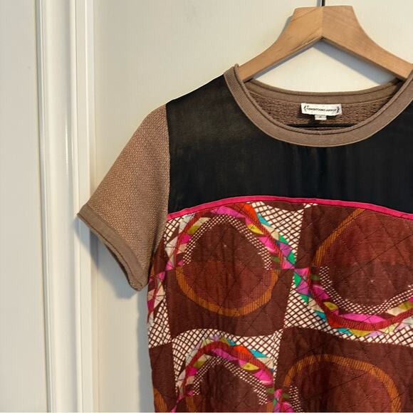 Anthropologie Conditions Apply Tan Mixed Media Quilted Satin Knit Tee/Top Small - Picture 12 of 14